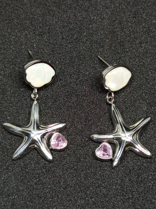 Pembe Kalp Taşlı Deniz Yıldızı Küpe